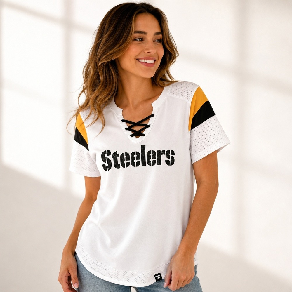 NWT Fanatics Pittsburgh Steelers Sunday Best Lace-Up T-Shirt Womens XS White NFL